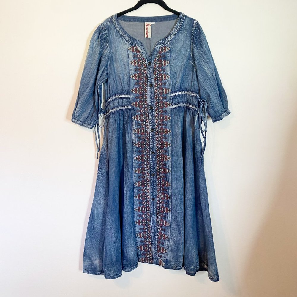 Keer Qiaowa Embroidered Chambray Denim Midi Dress Size Medium Boho